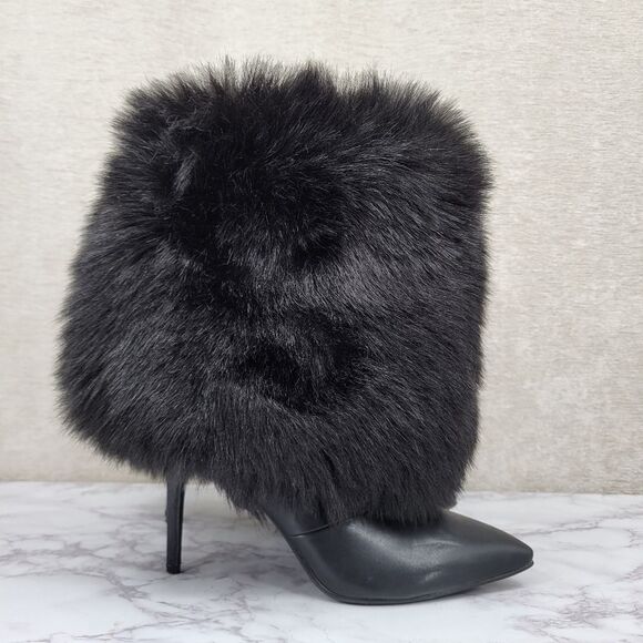 Cape Robbin Chloe 2 Black Faux Fur Trimmed Women's Stiletto High Heels Boots - Picture 1 of 16